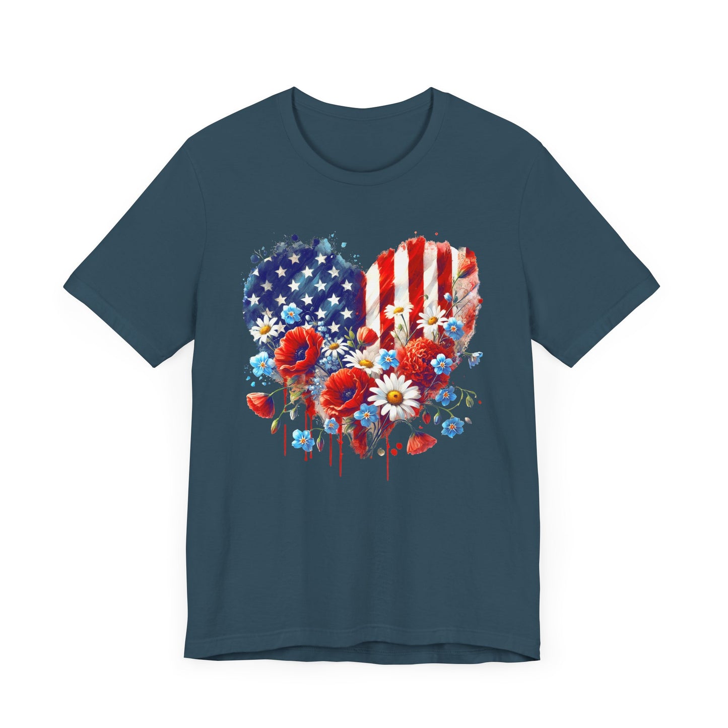 US Flag Flowers Heart T-Shirt