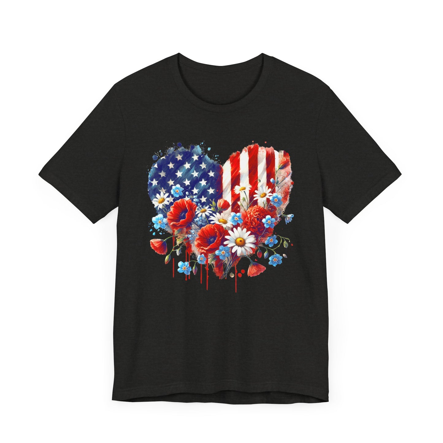 US Flag Flowers Heart T-Shirt