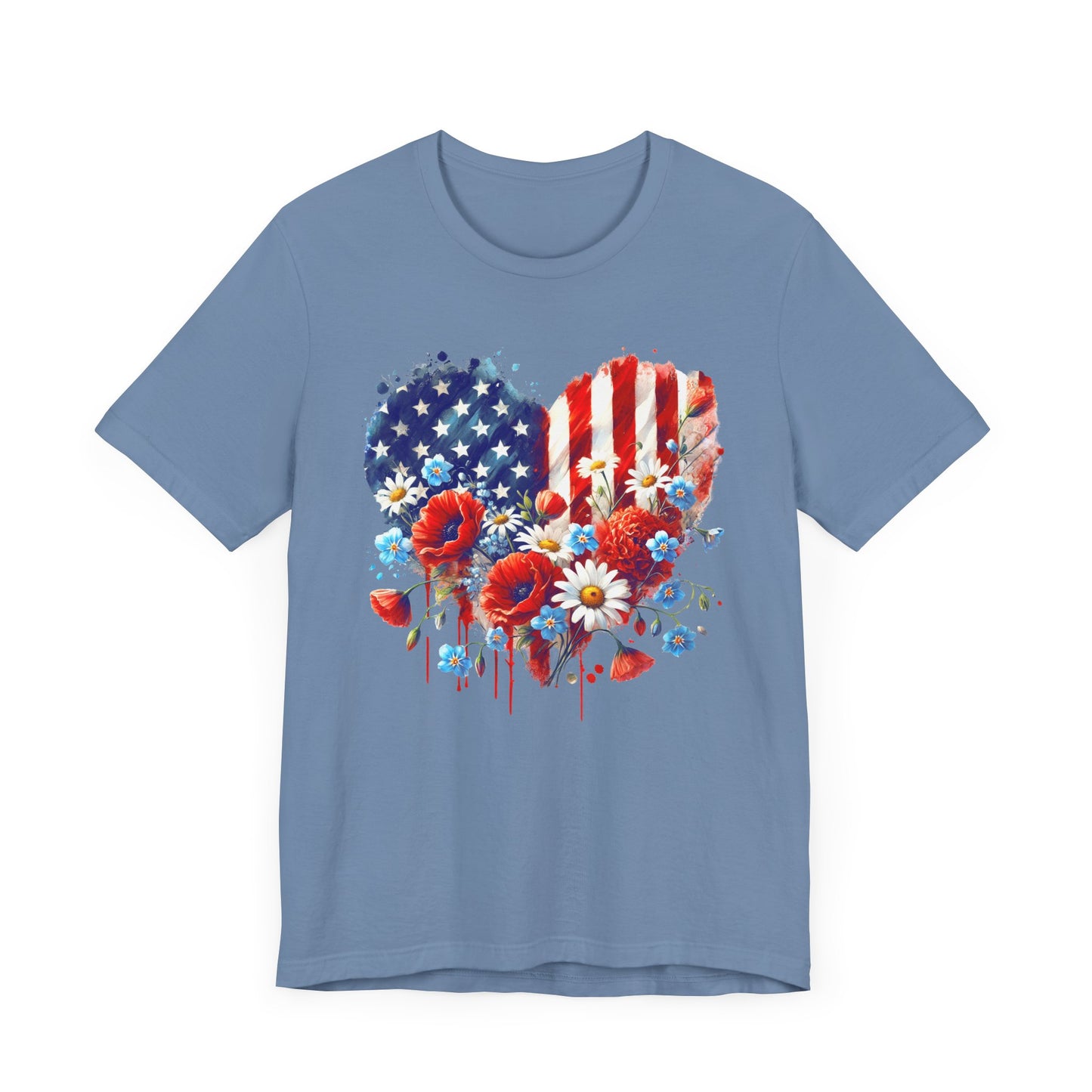 US Flag Flowers Heart T-Shirt