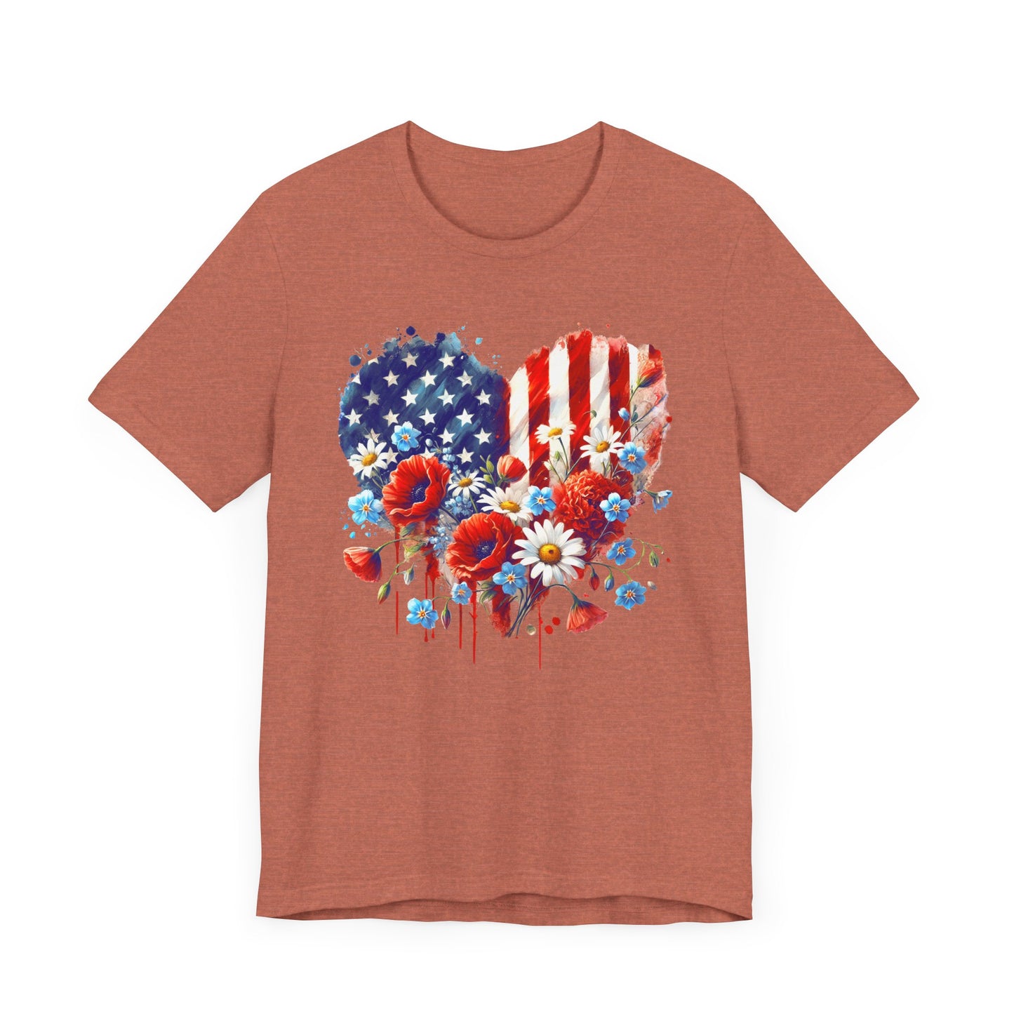 US Flag Flowers Heart T-Shirt