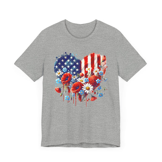 US Flag Flowers Heart T-Shirt